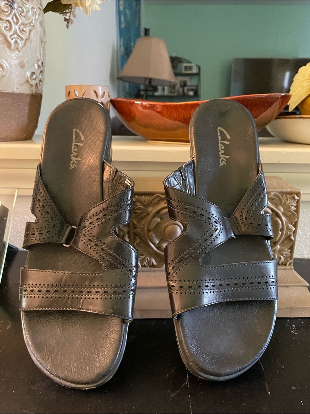 Clarks Black Perforated Leather Slip-On Mules